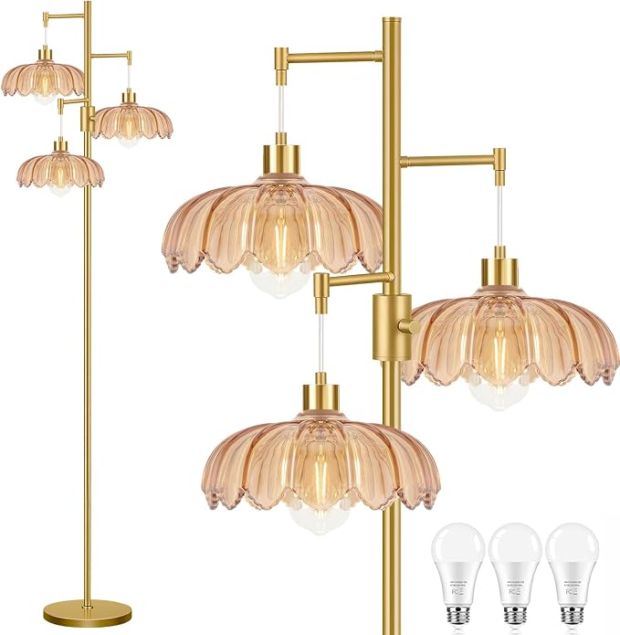 Dimmable Floor Lamp for Living Room Bedroom-3 Light Gold Floor Lamp with Glass Lampshape, Flower Tall Lamp Mid Century Modern Standing Lamp Glass Tree Floor Lamps for Living Room Bedroom,Corner