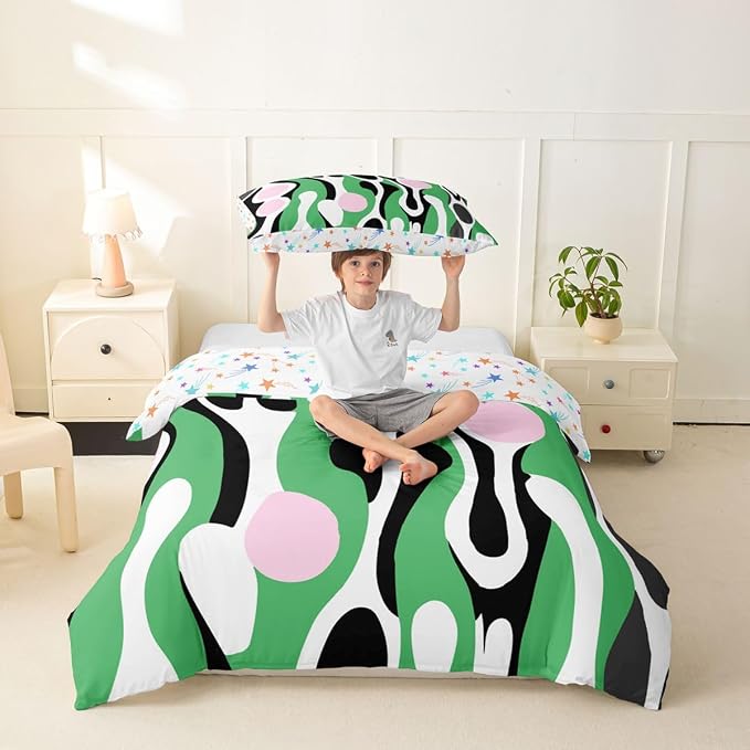 Erosebridal Mid Century Modern Abstract Duvet Cover Set Vintage Geometric Twin Bedding Sets for Girls Toddler Boys Contemporary Organic Shapes Comforter Cover Squiggle Blob Bed Set,Green Pink