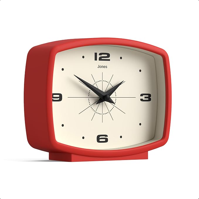 JONES CLOCKS® Film Desk Clock | Retro Rectangular Design | Red | Retro Design, Blending mid Century Style with a Punchy Modern Finish for Shelf, Table, Mantel or Bedside