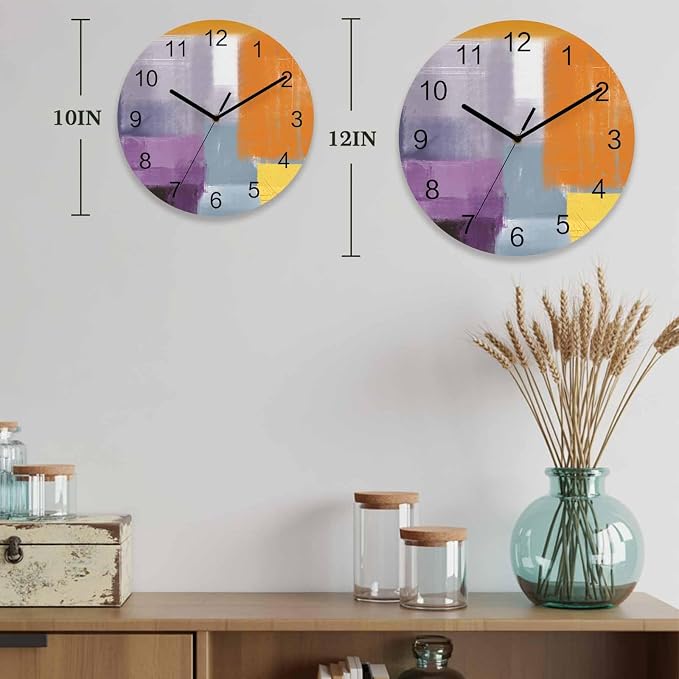 Abstract Painting Art Style Purple Orange Grey Yellow Wall Clock Battery Operated Non-Ticking 12" Round Wood Clocks, Kitchen Wall Clock for School Bathroom Living Room Home Office Wall Decor