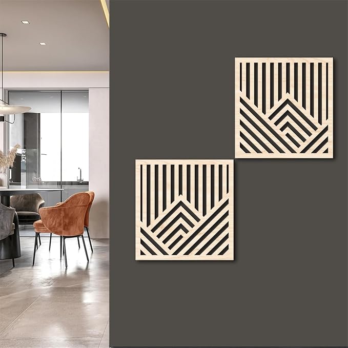 Geometric Mountain Wood Wall Art Decor, 2 Pcs Modern Mountain Wall Sculptures Wooden Square Hanging Abstract Panels, 3D Square Hollow Wood Art Wall Decor for Home Office Living Room Bedroom (Beige)