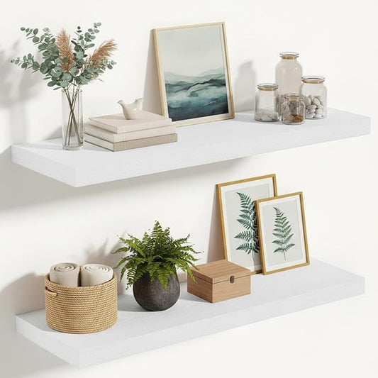 Vivelove 10 in Deep Floating Shelves for Wall, 24" x 10.2" x 1.5" Shelves for Room Wall Mounted, 1.5 Inch Thick Shelf for Bathroom Bedroom Kitchen Book Room, Modern Farmhouse Decor, Set of 2, White