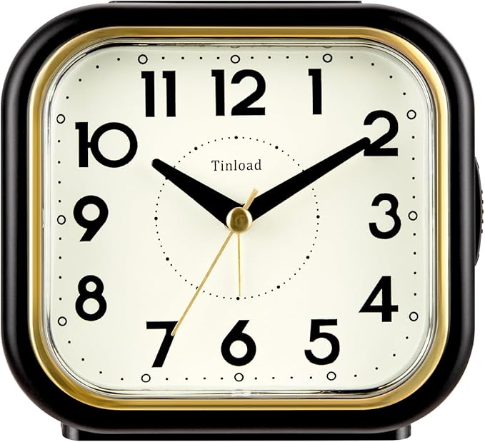 Tinload 4.3" Vintage Retro Analog Alarm Clock, Super Silent Non Ticking Clock with Manual Light, Snooze, Battery Operated, Simply Design, for Living Room, Bedroom, Bedside, Desk(Black-V2)