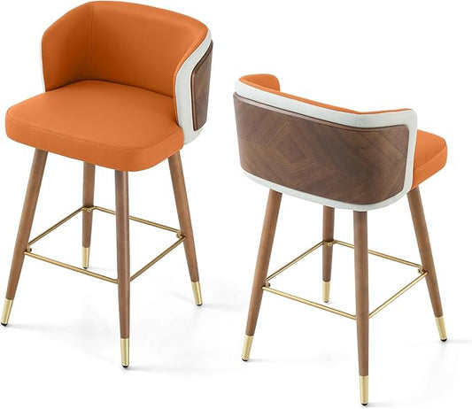 ARTPLAN Mid Century Modern Bar Stools Set of 2 for Counter Height - Leather Upholstered Seat with Walnut Wood Frame, Retro 34 Inch Bar Chairs for Home Kitchen Island, Bar, Breakfast Nook,Dark Orange