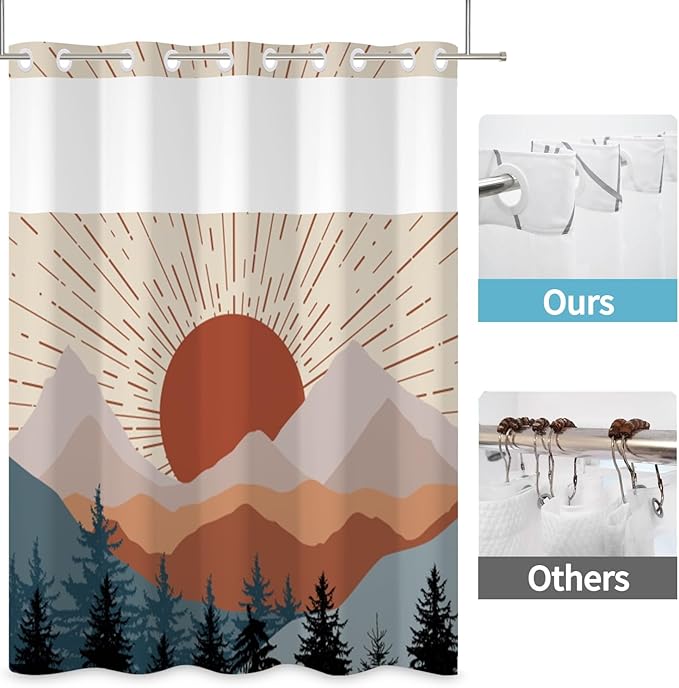 No Hook Boho Shower Curtain with Snap in Liner Set Mid Century Shower Curtains for Bathroom Decor Abstract Modern Sun Minimalist Aesthetic Waterproof Polyester Fabric 71x74 Inch