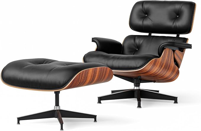 Luxury Top Grain Leather Mid Century Chaise Lounge Chair with Ottoman, Heavy Duty Base Support, Reading Chair, Modern Arm Chair, Leather Accent Chair for Living Room and Office, Rosewood