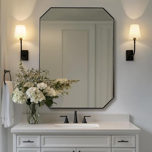 ANDY STAR Black Octagon Bathroom Mirror, 30x40 Inch Stainless Steel Metal Frame, Anti-Rust, Shatterproof HD Glass, Wall Mounted for Bathroom, Bedroom, Living Room