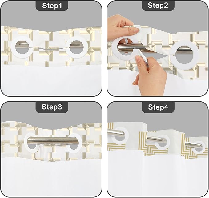 No Hook Shower Curtain with Snap in Liner, Gold Geometric Pattern, Waterproof Fabric Double Layers for Bathroom, See Through Top Window, 71x74 Inch