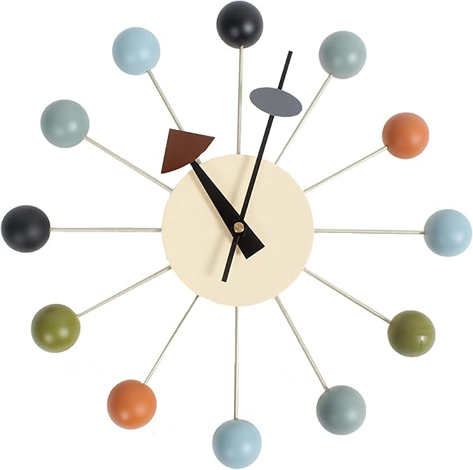 SHISEDECO Ball Clock in Multicolor, Painted Solid Wood Non Ticking Decorative Mid Century Modern Silent Wall Clocks Retro Design for Home, Kitchen, Living Room, Office etc.