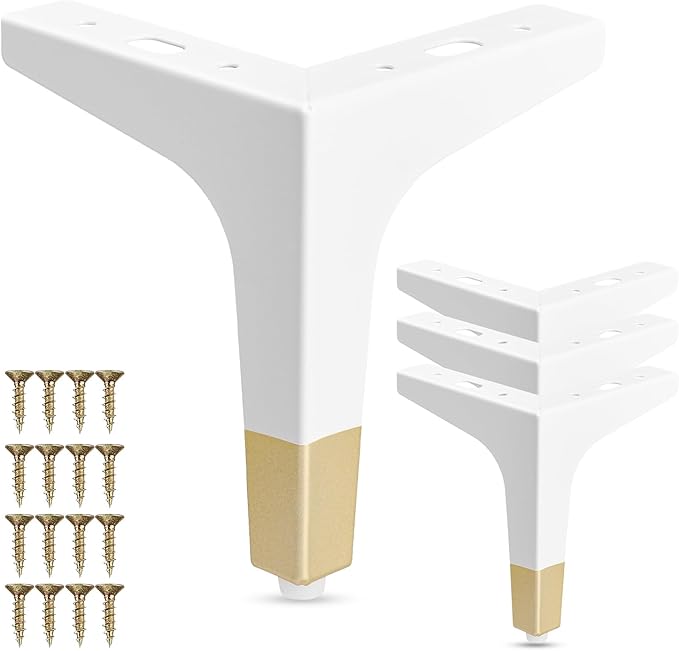 La Vane 5 Inch Metal Furniture Legs, Set of 4 - Modern Diamond Triangle White/Gold DIY Replacement Feet Corner Legs for Cabinet, Sofa, Sideboard, Couch, Dresser Makeover