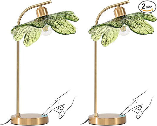 Mid Century Modern Table Lamps Set of 2, 18.9" Tall Gold Metal Base with Green Flower Glass Shade, Touch Control Nightstand Lamps for Bedroom Living Room Office