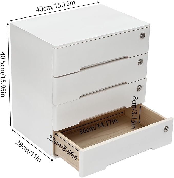 Desktop File Organizer with Lock, 2/3/4 Tier Multi-Drawer Wooden Storage Cabinet, Office Supply Organizer for Home Desk, Study & Workplace (White, 4 Layers)