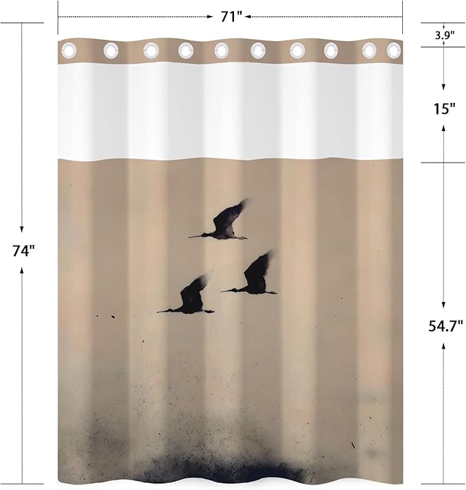 No Hook Shower Curtain with Snap in Liner - Ink Wash Art Flying Bird Crane Print, Waterproof Fabric Bath Curtain with See Through Top for Modern Zen Japanese Bathroom Decor, 71x74 Inch