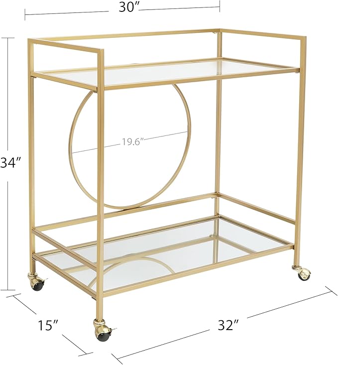 RiteSune Gold Bar Cart, Modern Wine Cart with Wheels, Home Bar Serving Carts with 2 Tier Mirrored Shelves, Wine Bar Carts for The Home, Dining Room, Kitchen