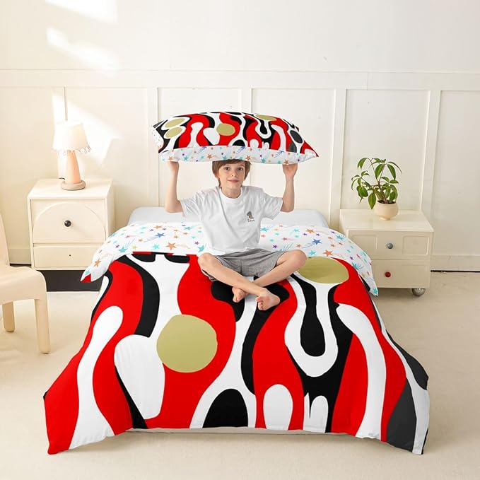 Erosebridal Mid Century Modern Abstract Duvet Cover Set Vintage Geometric Twin Bedding Sets for Girls Children Boys Contemporary Organic Shapes Comforter Cover Squiggle Blob Bed Set,Red Beige