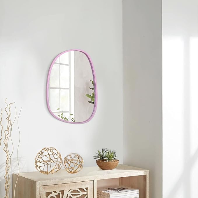 Irregular Wood Mirror with Frame Oval Asymmetrical Mirror for Wall Living Room Bedroom Bathroom Entryway Hallways Modern Unique Decorative Artistic Hanging Mirror Pink