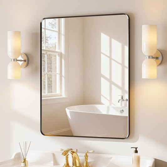 Black Bathroom Mirror 24x30 inch, Rounded Rectangle Metal Framed Vanity Wall Mirror, HD Tempered Glass, Horizontal or Vertical Hanging