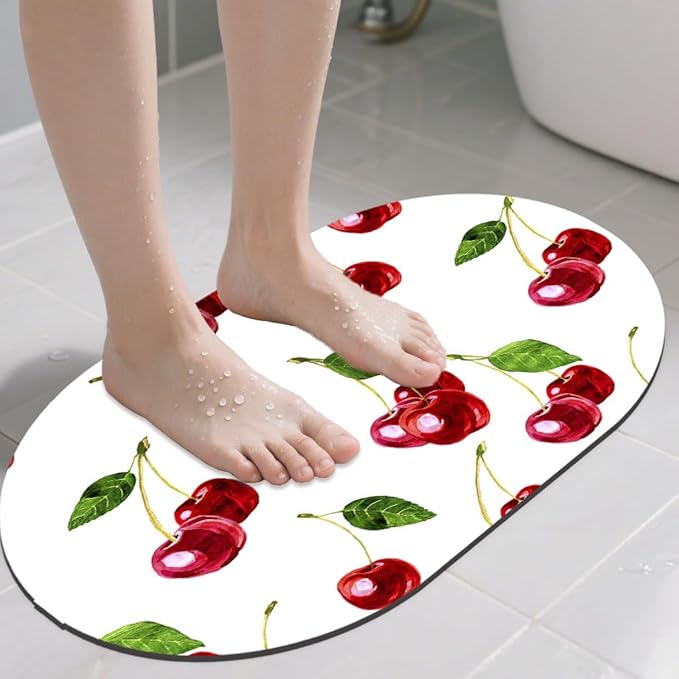 Bathroom Rug Mat Watercolor Red Cherry Oval Bath Mat Doormat Absorbent Quick Dry Non Slip Diatom Mud Mat for Shower Tub Sink Laundry Kitchen Doorway 23.6x15.7 Inches