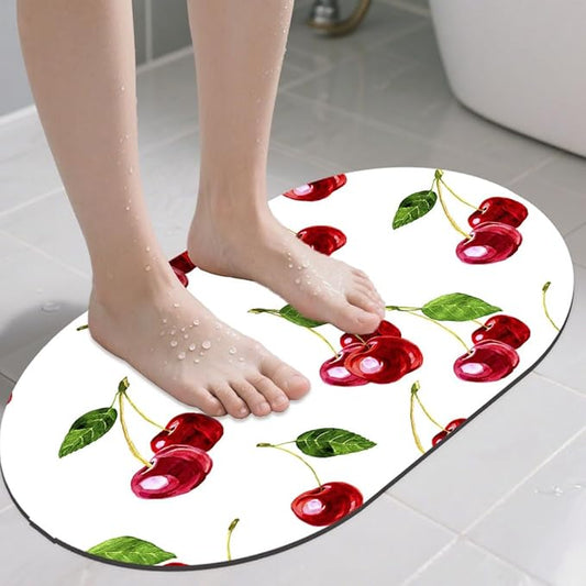 Bathroom Rug Mat Watercolor Red Cherry Oval Bath Mat Doormat Absorbent Quick Dry Non Slip Diatom Mud Mat for Shower Tub Sink Laundry Kitchen Doorway 23.6x15.7 Inches