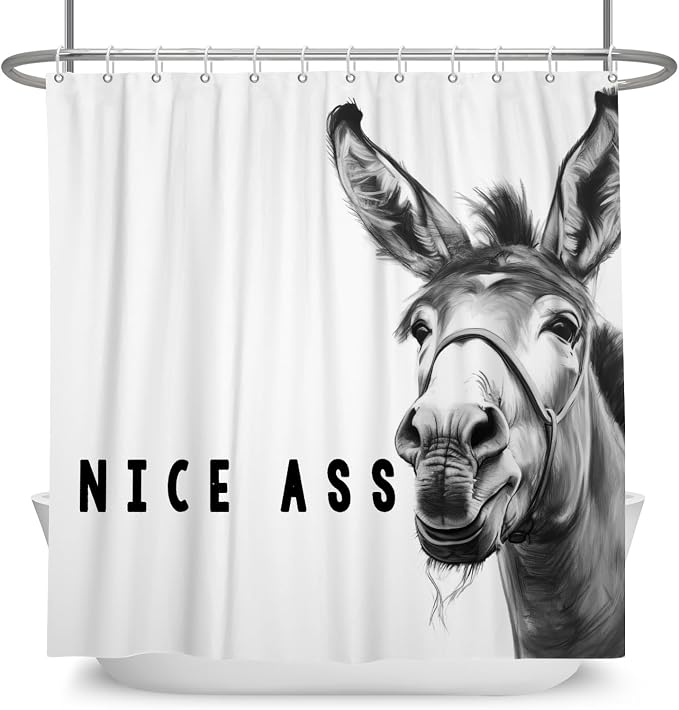 Funny Donkey Shower Curtains Joke Hilarious Animal Bathroom Curtain Rustic Farmhouse Cute Donkey White Shower Curtain Sets for Bathroom Extra Long 66x72 in with 12 Hooks