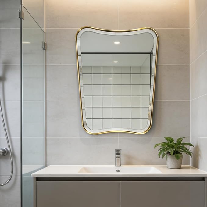 POZINO Bathroom Vanity Mirror, 22"x30" Brushed Gold Beveled Mirror in Premium Stainless Steel Frame, Antique Brass Irregular Shaped Mirrors for Living Room Bathroom Bedroom Hallway Entryway