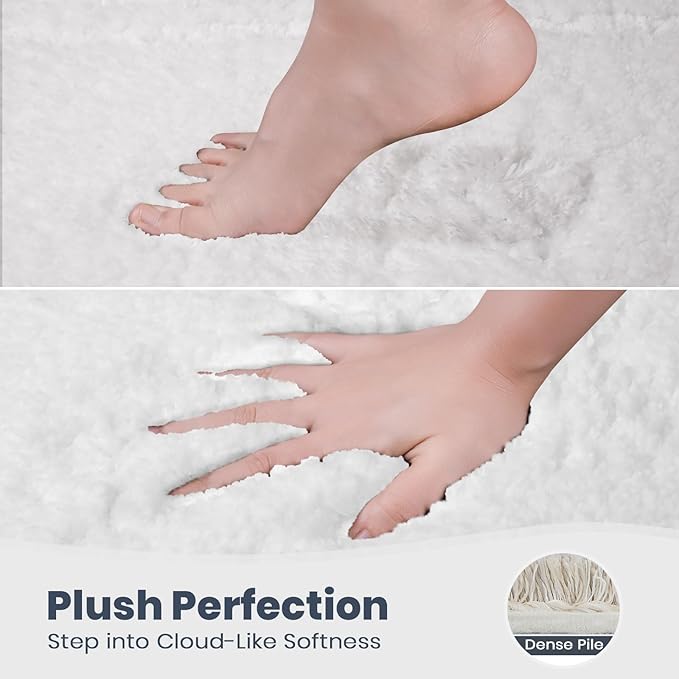 PURRUGS Bathroom Rug Non-Slip Machine Washable 20" x 24" U-Shaped, Super Absorbent and Quick Dry Shaggy Microfiber Bath Mat, Extra Soft and Plush Contour Rug for Toilet Base, White