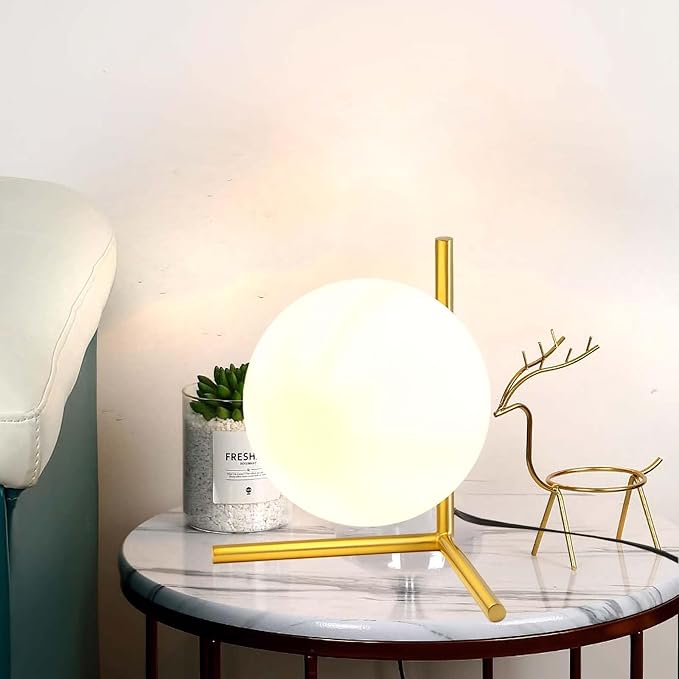 Glass Table Lamp, Minimalist Nightstand Lamps, Metal Standing Reading Light with Glass Ball Shade, Gold Desk Lamp for Bedroom, Office, Study Room, Kids Room (Gold-B-Style)