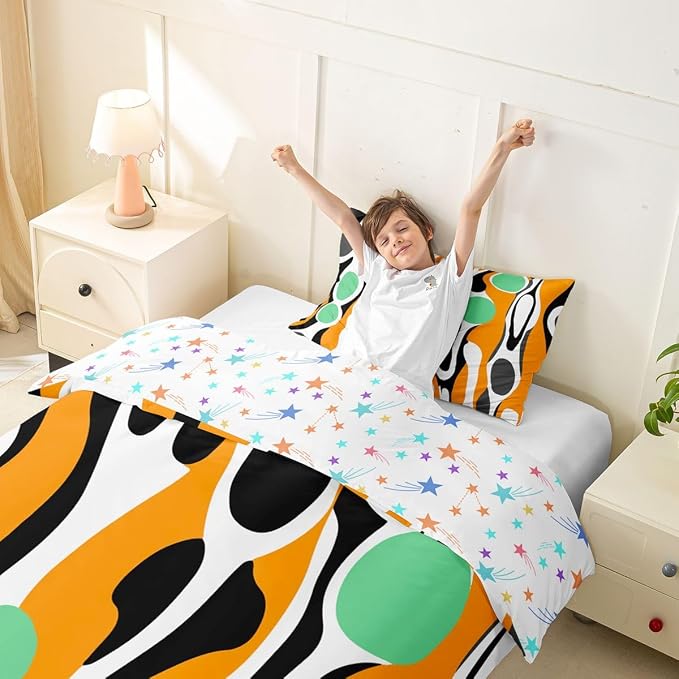 Erosebridal Organic Abstract Duvet Cover Set Modern Contemporary Girl Toddler Bedding Set for Child Boys Boho Mid Century Wavy Lines Comforter Cover Retro Geometric Bed Sets,Orange Green