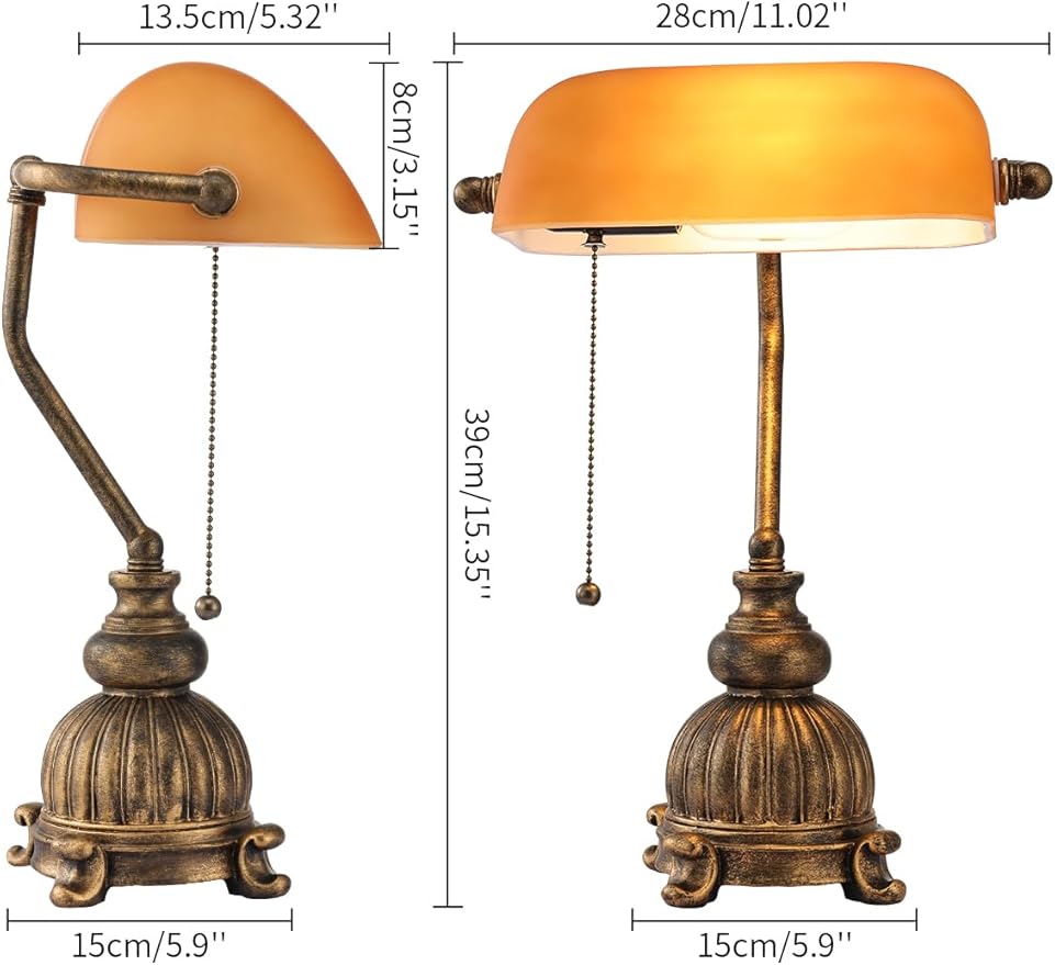 Retro Amber Glass Bankers Desk Lamp with Pull Chain Switch for Home Office, Library, Plug in Fixture, LED Bulb Included