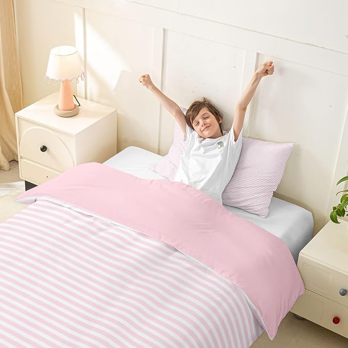 Erosebridal Pink White Stripe Toddler Duvet Cover Geometric Ticking Stripes Bedding Set for Kids Teens Farmhouse Vertical Stripes Comforter Cover Modern Abstract Bed Set, 1 Pillowcase