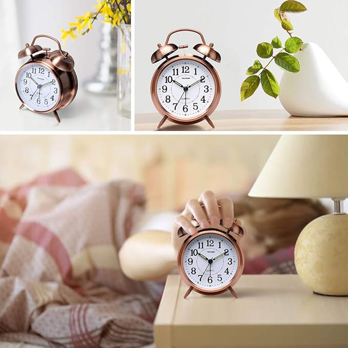Peakeep Loud Analog Alarm Clock for Heavy Sleepers, Vintage 4-Inch Twin Bell Old School Fashioned Alarm Clock with Battery Operated for Bedrooms