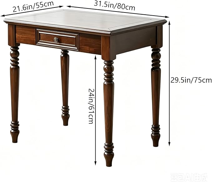 Solid Wooden Vintage Desk with Drawers, Small Dark Writing Desk with Drawers for Computer, Vintage Vanity Desk, Study or Gaming, Easy to Assemble (Walnut, 31.5in)