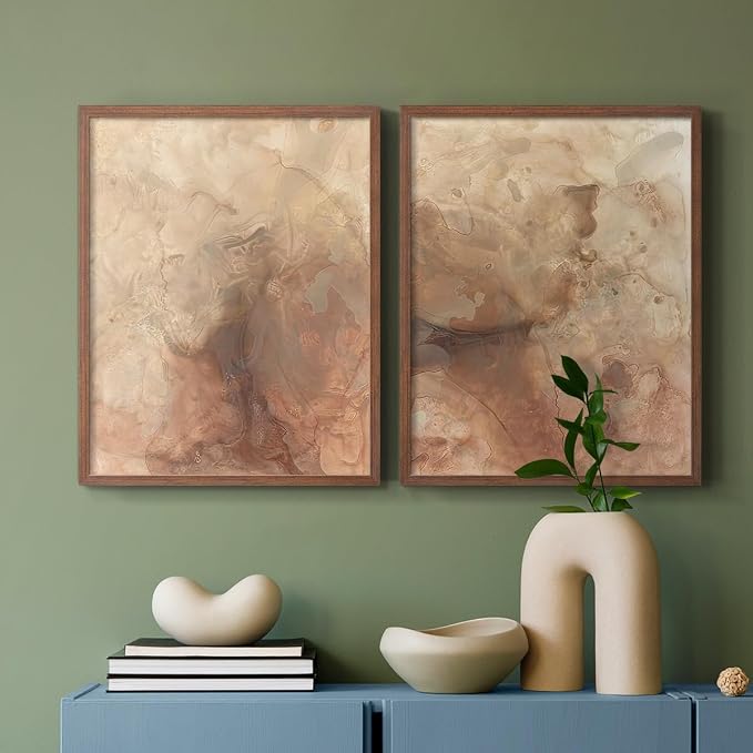 Renditions Gallery Set of 2 Peel & Stick Framed Prints, Abstract Wall Art, Brown Textured Marble Design Re-Stickable - Ready to Hang - 11"x14" - Walnut Frame LT588