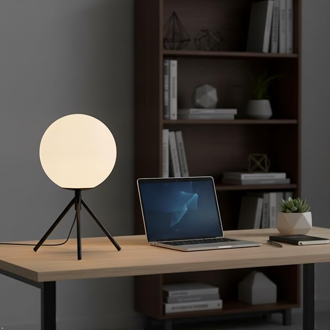 Modern Black Globe Table Lamp, Mid Century Small Bedside Lamp, Opal Glass Ball Lamp with Metal Tripod Base, Cute Nightstand Lamp Minimalist Desk Lamp for Bedrooom Living Room Office Study