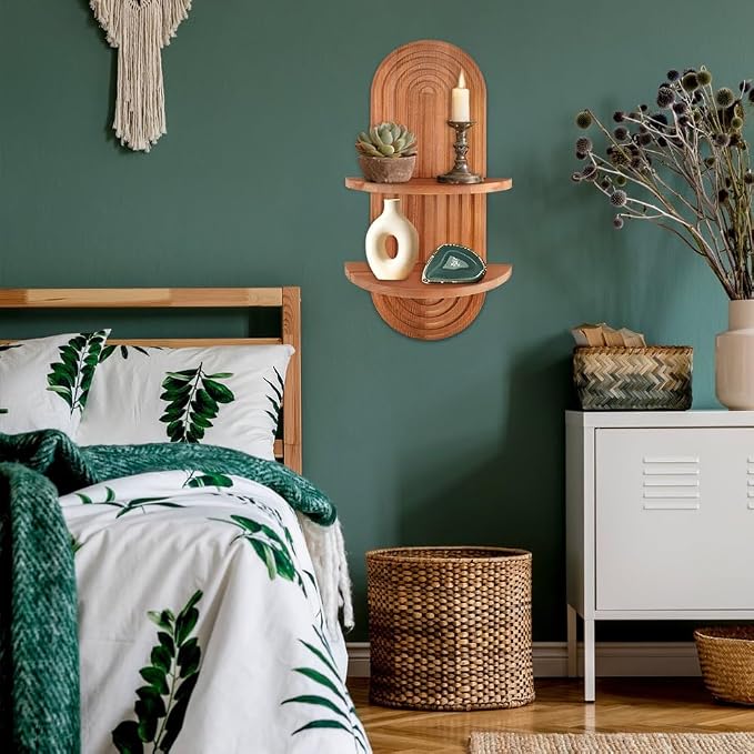 Arched Wall Shelf, Mid-Century Modern Boho Floating Shelf for Plants, Solid Wood 2-Tier Shelves for Bedroom Living Room Bathroom, Brown Wall Decor for Planter, Candlestick, Ornaments