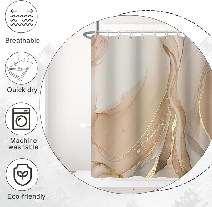 Brown Shower Curtain, Modern Brown Gold Grey Marble Shower Curtain for Bathroom Aesthetic Ink Texture Waterproof Shower Curtain Set with Hooks, 72x72 Inch