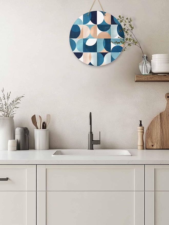 Welcome Sign for Front Door Mid Century Geometric Wood Door Hanger for Outdoor Outside Porch,12 Inch Round Wooden Wreath Indoor Wall Hanging Decoration, Abstract Modern Blue