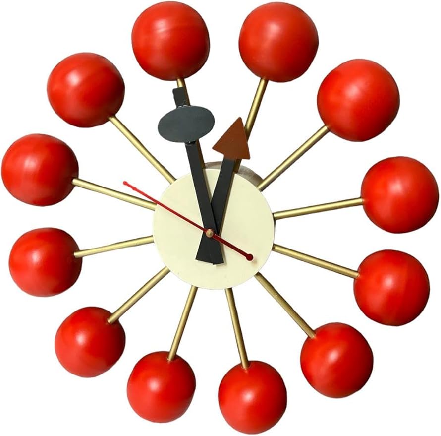 Mid Century Modern Ball Clock – George Nelson Style Wooden Wall Clock, Retro Starburst Design, Silent Non-Ticking Decorative Wall Decor for Living Room, Office, Kitchen & Home (Red, 24 Inch)