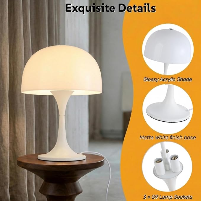 Modern Mushroom Table Lamp, Mid-Century Nightstand Lamp with Smooth Acrylic Shade & Metal Base, 3-G9 Socket Bedside Desk Lamp for Bedroom Living Room Office, Retro Decor Accent Light, Glossy White
