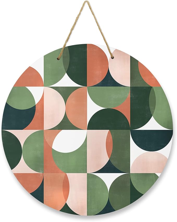 Welcome Sign for Front Door Mid Century Geometric Wood Door Hanger for Outdoor Outside Porch,12 Inch Round Wooden Wreath Indoor Wall Hanging Decoration, Abstract Modern Green Orange