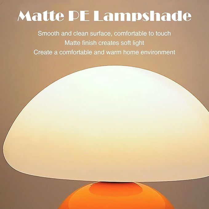 Cute Small Mushroom Lamp, PE Lampshade, Ceramic Base, Adjustable Light Color and Brightness with Power-Off Memory, Safe USB Powered, LED Mushroom Light for Bedroom Living Room (Orange)
