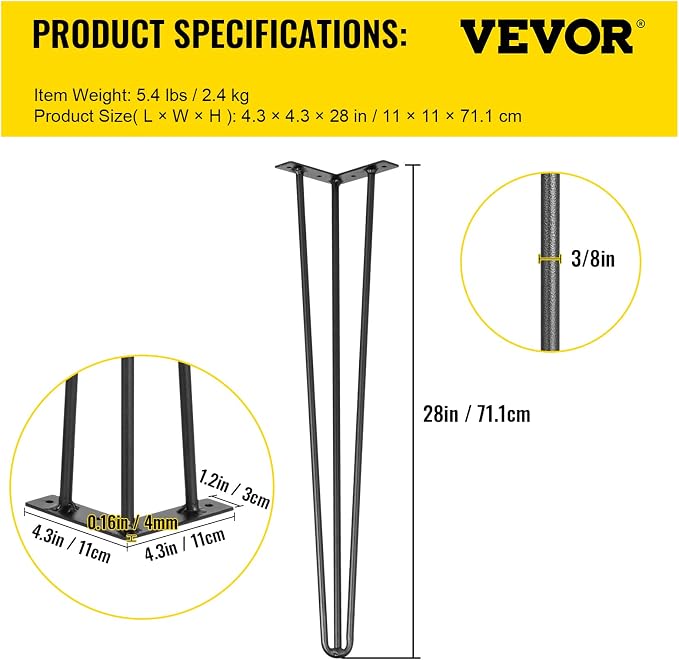 VEVOR Hairpin Table Legs 28" Black Set of 4 Desk Legs 880lbs Load Capacity (Each 220lbs) Hairpin Desk Legs 3 Rods for Bench Desk Dining End Table Chairs Carbon Steel DIY Heavy Duty Furniture Legs
