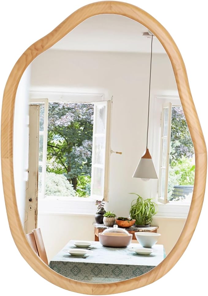 Irregular Wood Wall Mirror,22X32 Inch Asymmetrical Wavy Nature Decorative Farmhouse French Country Mirror for Bathroom, Living Room,Vanity, Nursery,Entryway