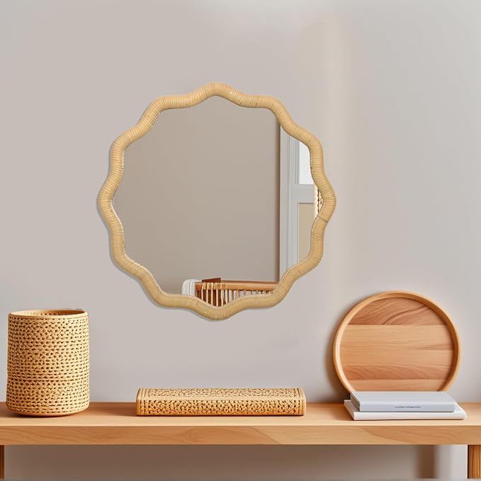 FUIN 20" Round Rattan Wall Mirror, Scalloped Wavy Wicker Frame – Handwoven Natural Boho Decor for Bathroom Vanity, Nursery & Entryway – Distortion-Free Glass