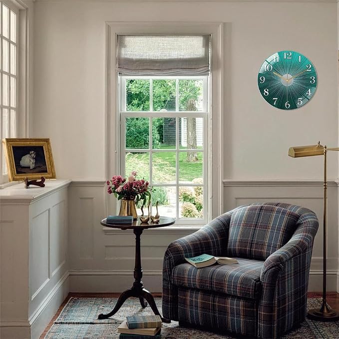 16 Inch Teal Sunburst Glass Wall Clock Silent Modern Art Decor | Silent glossy clock with an elegant teal sunburst and silver numbers, perfectly tracking time for your modern living room