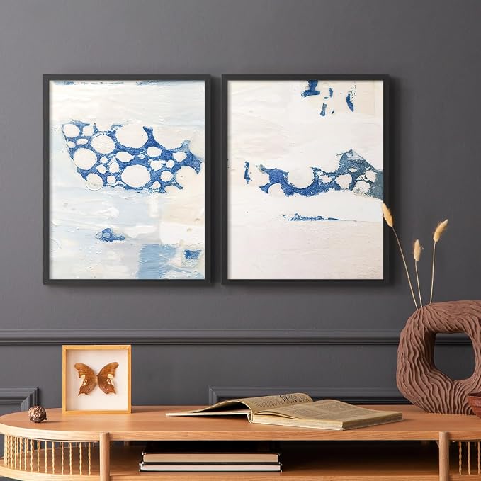 Renditions Gallery Set of 2 Peel & Stick Framed Prints, Textured Abstract Wall Art, White Blue Bubble Like Pattern Wall Decor, Re-Stickable - Ready to Hang - 11"x14" - Black Frame LT588