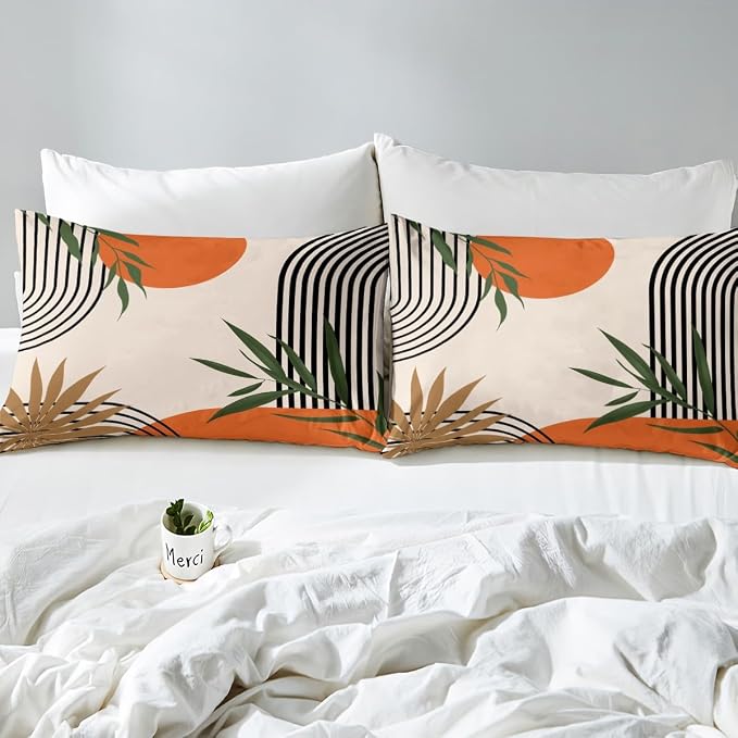 Erosebridal Abstract Geometric Comforter Cover King for Kids Teens Adults,Mid Century Orange Duvet Cover,Boho Vintage Bedding Set,Botanical Minimalist Bed Set 3 Pcs Bedroom Decor