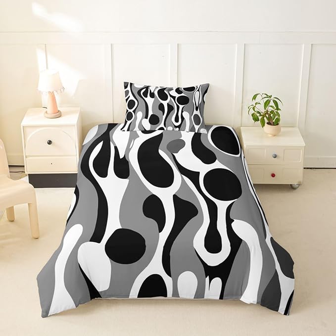 Erosebridal Organic Geometric Duvet Cover Set Modern Abstract Twin Bedding Sets for Girls Youth Boys Retro Mid Century Comforter Cover Modern Fluid Art Irregular Circles Bed Set,Gray Black