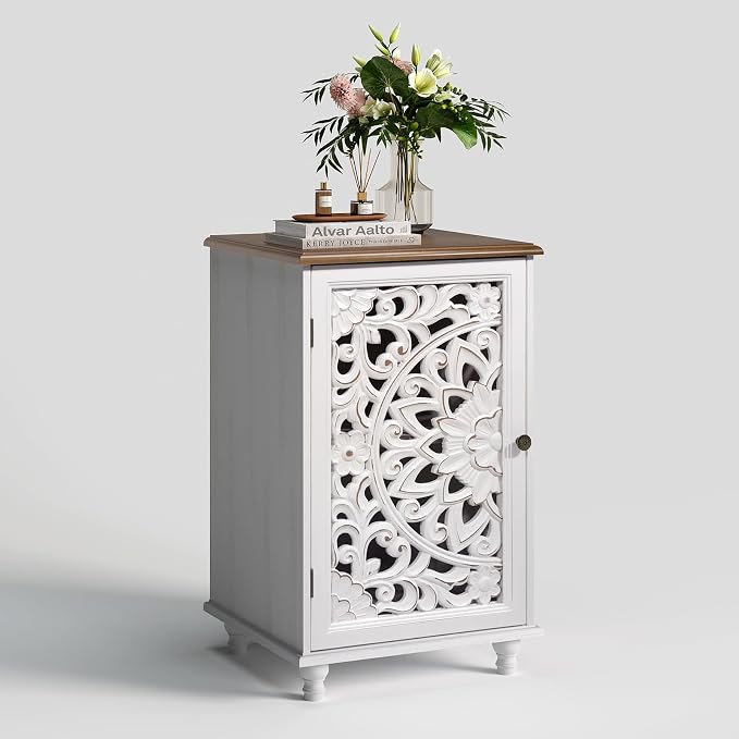 JOINICE Small Accent Cabinet with Carved Mandala Door, Boho Distressed End Table for Living Room, Bedroom, Entryway, White