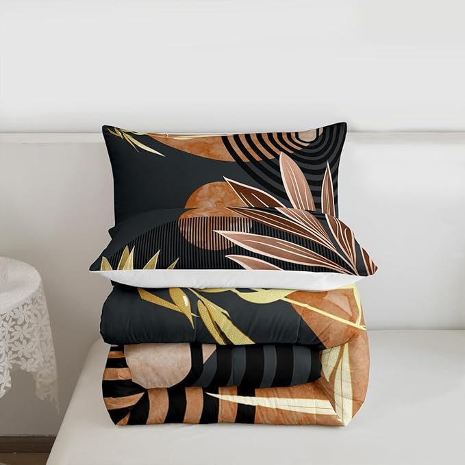 Erosebridal Boho Mid Century Comforter Set Queen Modern Minimalist Simplistic Bedding Set,Retro Geometric Aesthetic Down Comforter Line Art Duvet Insert Circle Stripes Decor,Brown Black